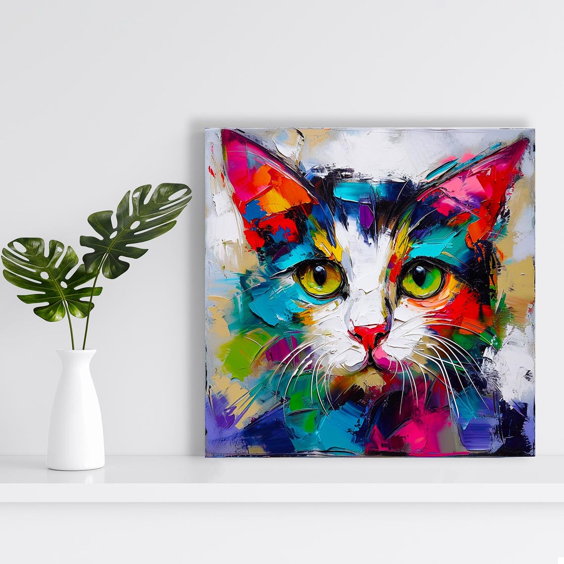 Abstract Multicolor Cat Face Palette Knife Painting Bold Wall Poster - Image 2