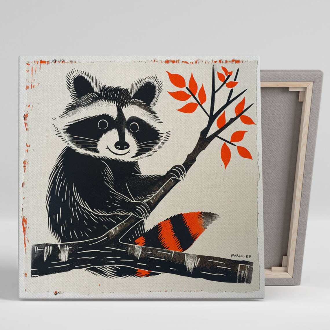 Smiling Raccoon On Branch Autumn Linocut Style Animal Art Poster