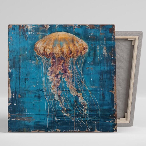 Jellyfish Art Or Poster Coastal Contemporary Rustic Decor Bathroom Bedroom Living Room Office Wall Art Blue Orange Yellow White