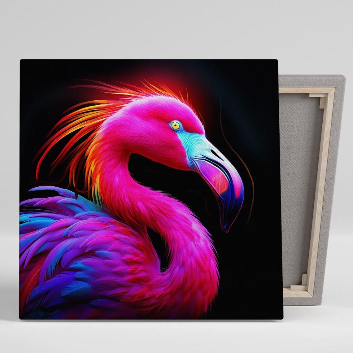 Neon Flamingo Portrait Vibrant Hot Pink Pop Art On Black Poster