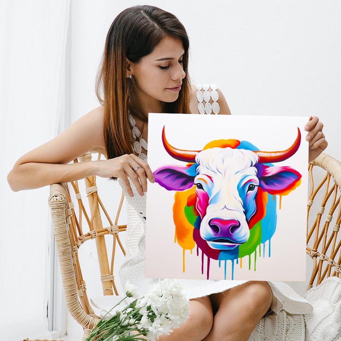 Colorful Highland Cow Head Rainbow Pop Art Drip Funny Animal Poster - Image 3