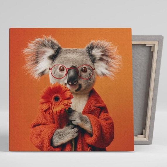 Koala In Red Glasses And Coat Holding Orange Flower Portrait Poster