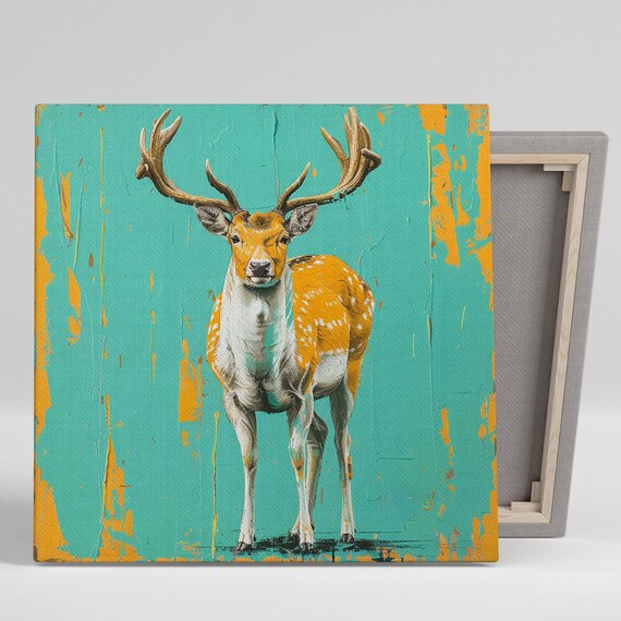 Vibrant Stag With Grand Antlers Turquoise Orange Wildlife Poster