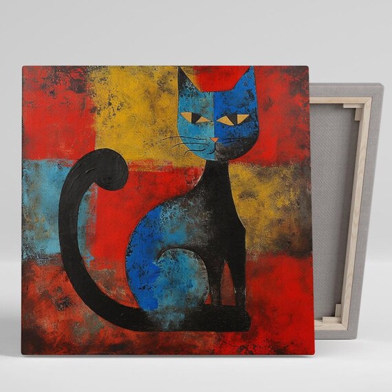 Abstract Cubist Cat in Bold Red Blue Modern Feline Portrait Poster