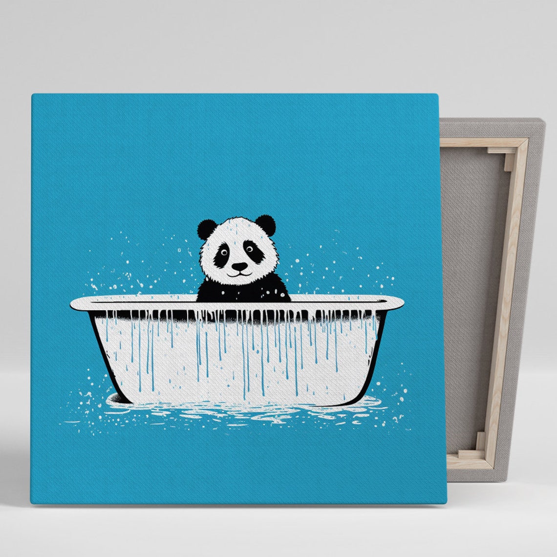 Panda Cub Bath Time Minimalist Turquoise Blue Wall Art Poster