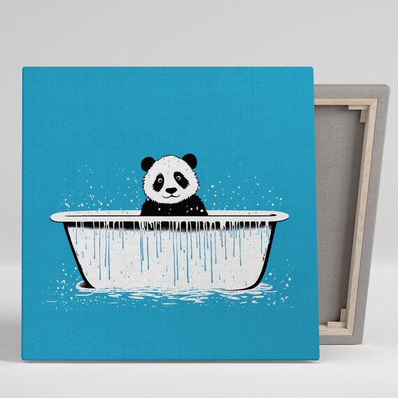 Panda Cub Bath Time Minimalist Turquoise Blue Wall Art Poster