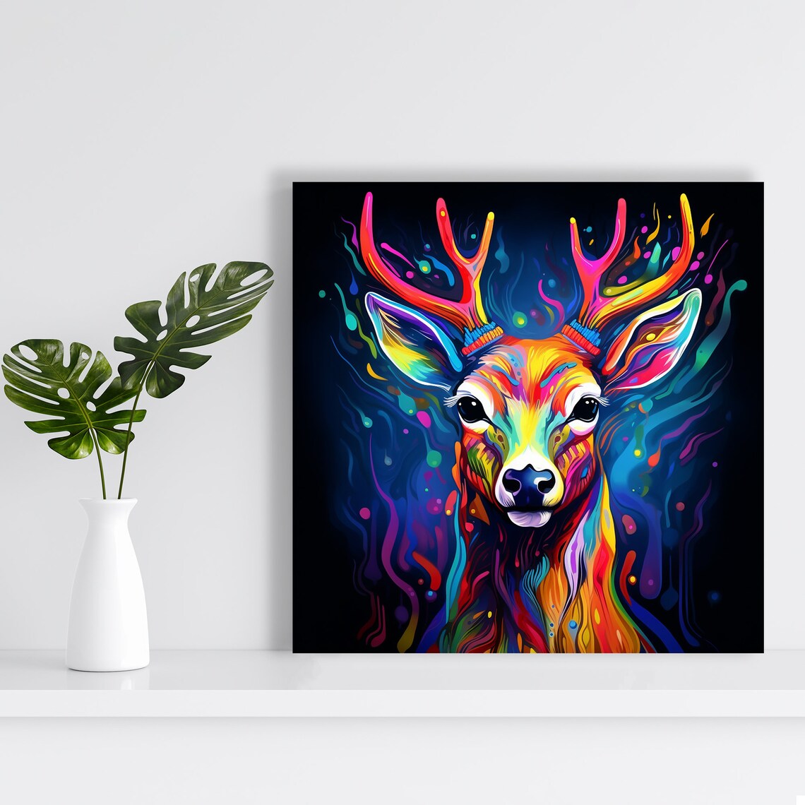 Psychedelic Neon Deer Head Portrait Dark Background Rainbow Animal Art Print - Image 2