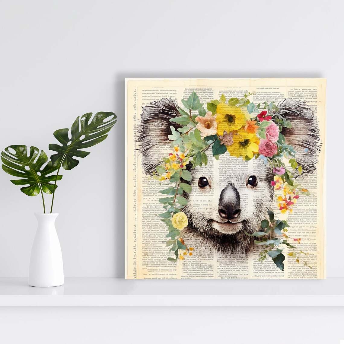 Gentle Koala With Floral Crown on Vintage Newspaper Collage Poster - Image 2