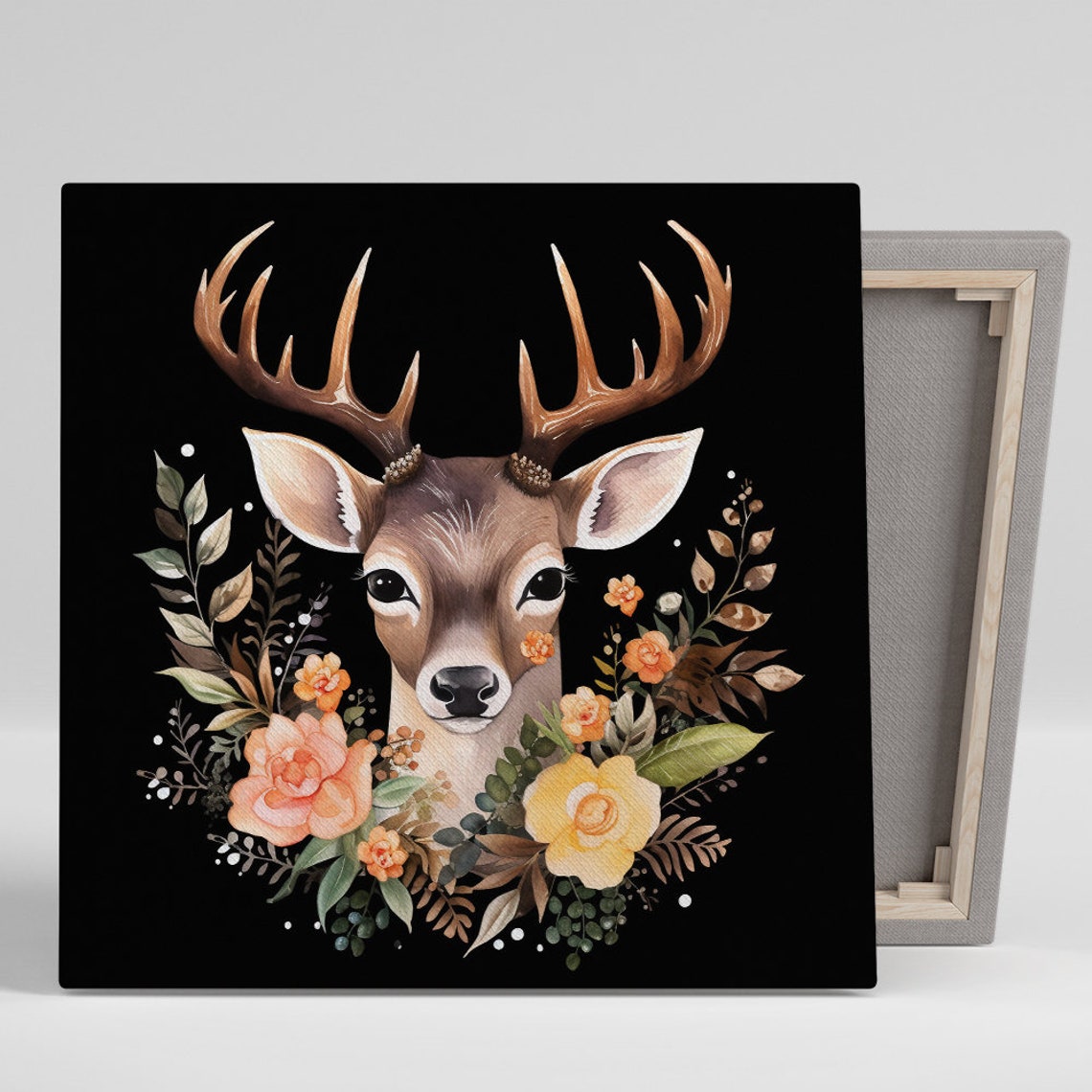 Enchanted Forest Deer With Floral Wreath Watercolor Black Poster