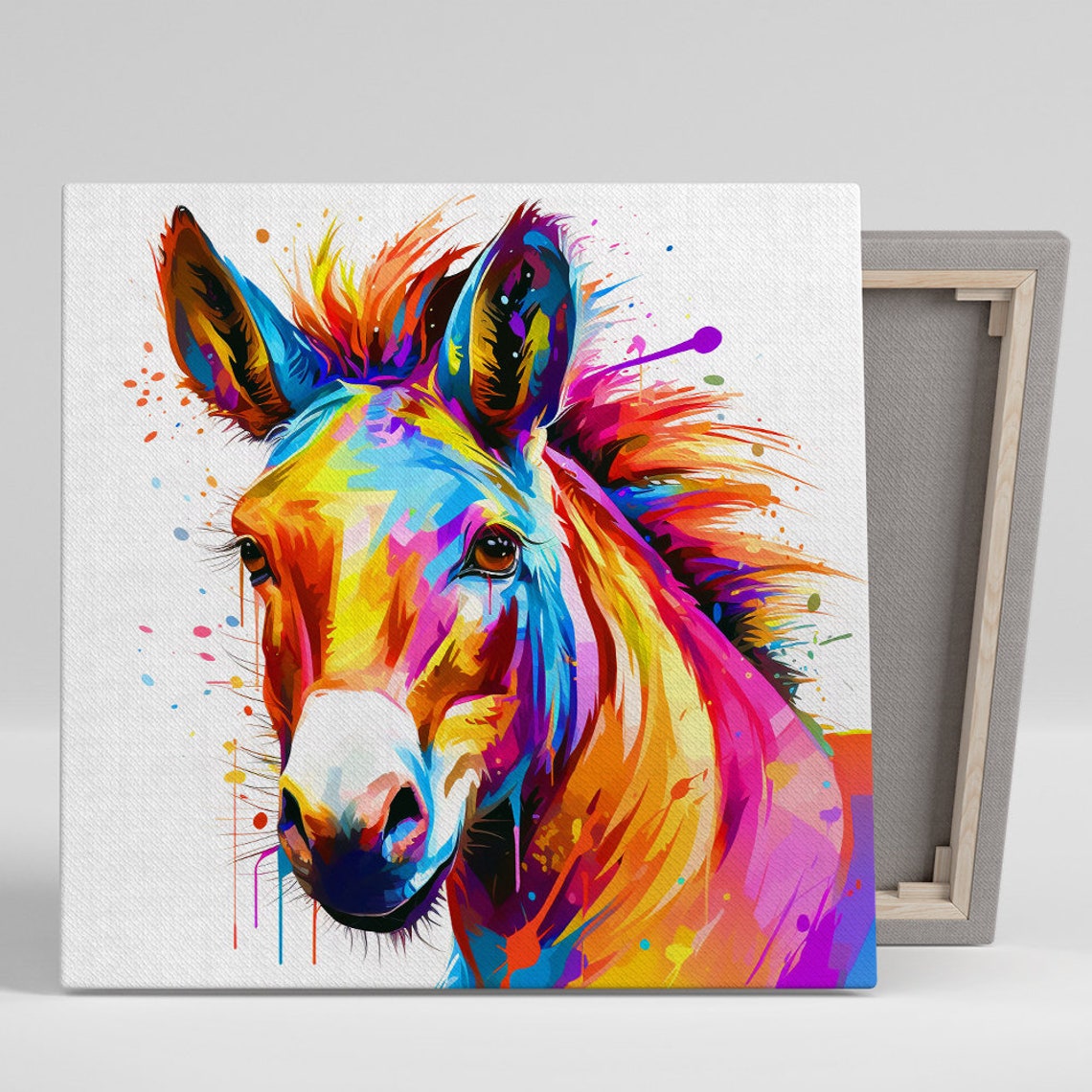 Rainbow Donkey Portrait Multicolor Splash Paint Whimsical Poster
