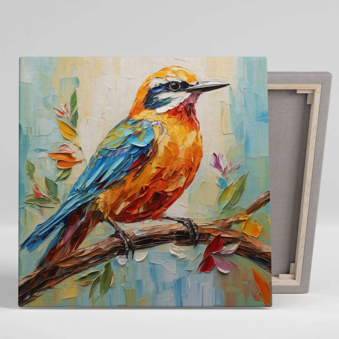 Colorful Impasto Oil Bird On Branch Blue Orange Painted Bird Poster