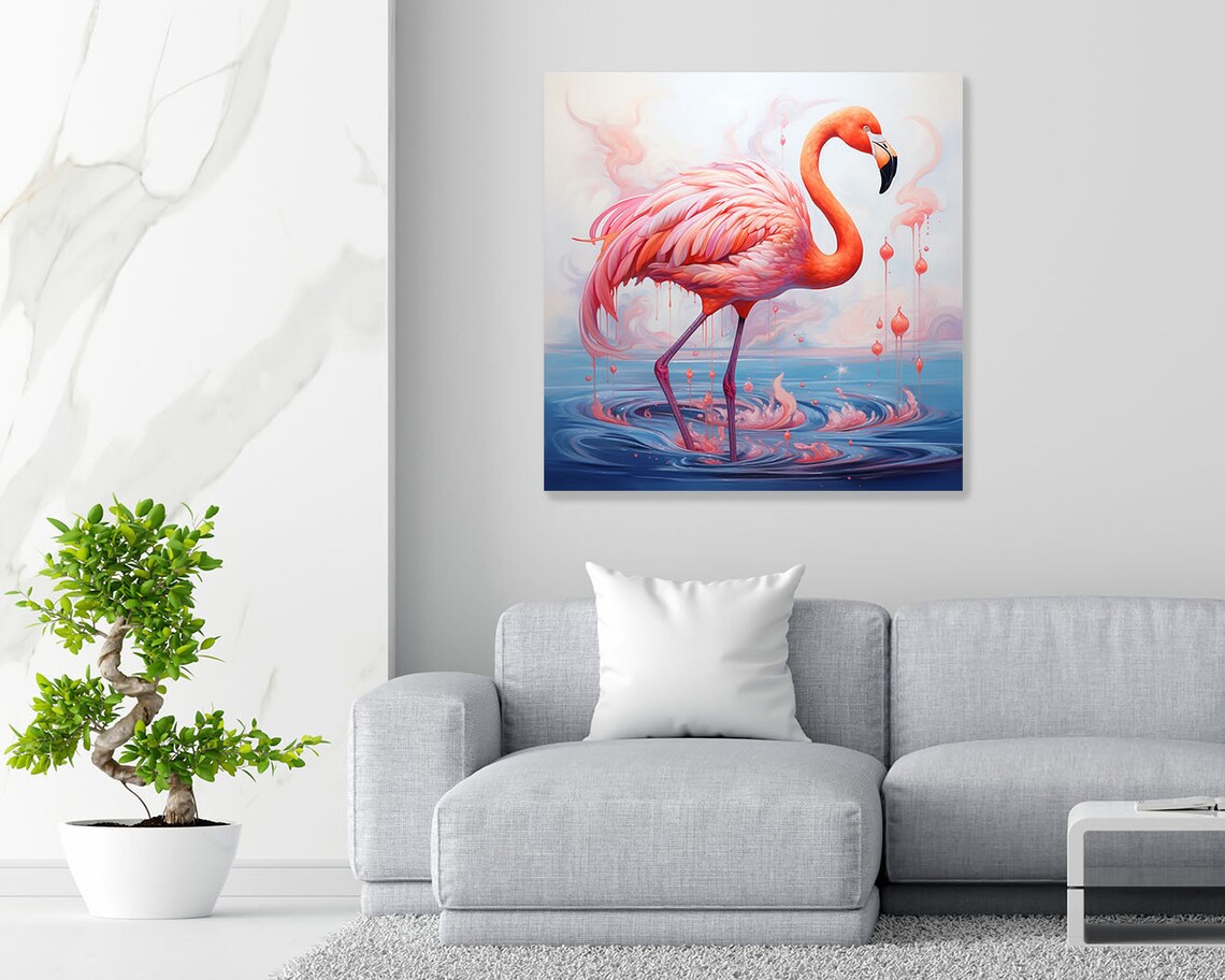 Pink Flamingo Standing In Blue Water Dreamy Tropical Bird Poster - Image 2