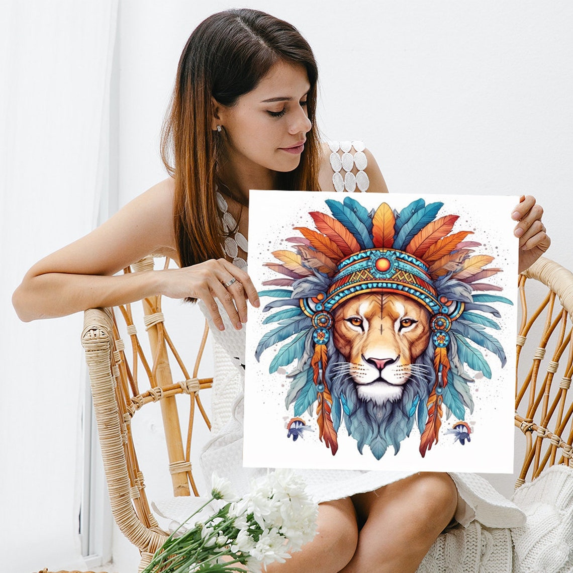 Tribal Lion Feather Headdress Bohemian Eclectic Animal Wall Art - Image 3