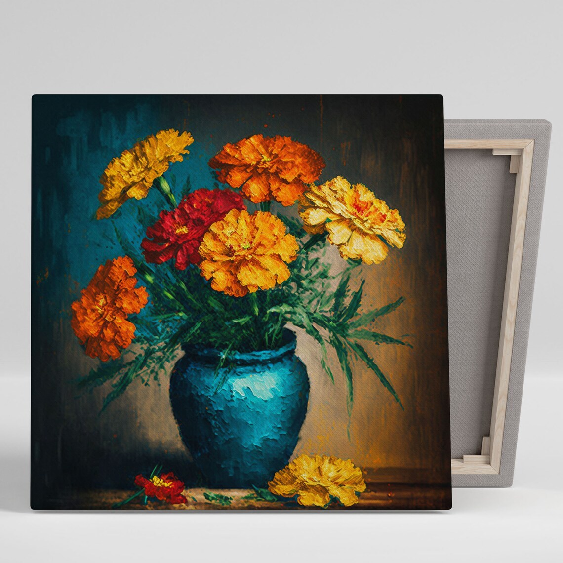 Marigold Flower in Vase, Floral Nature Art Print