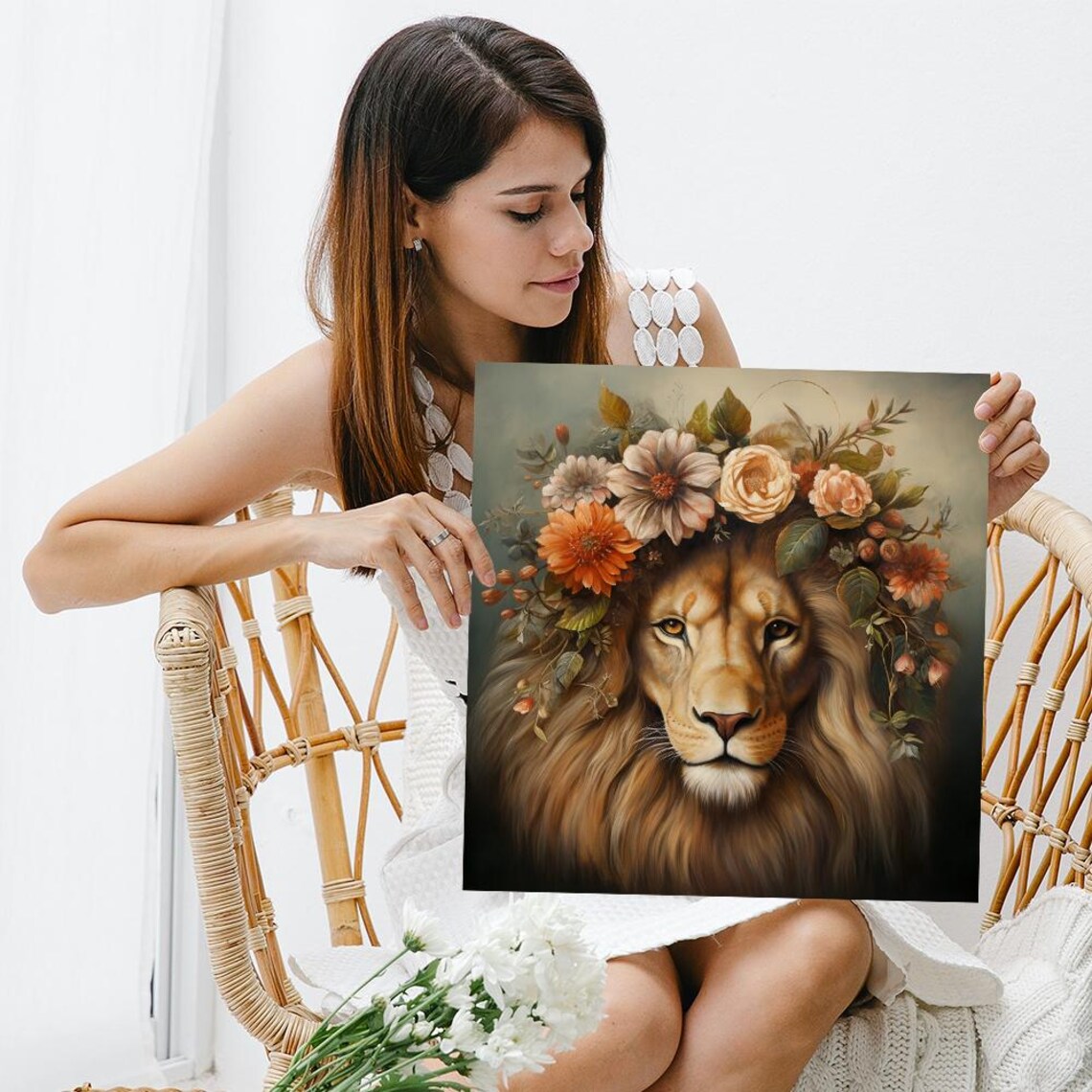Floral Crown Lion Majesty, Bohemian Wall Art Print - Image 3