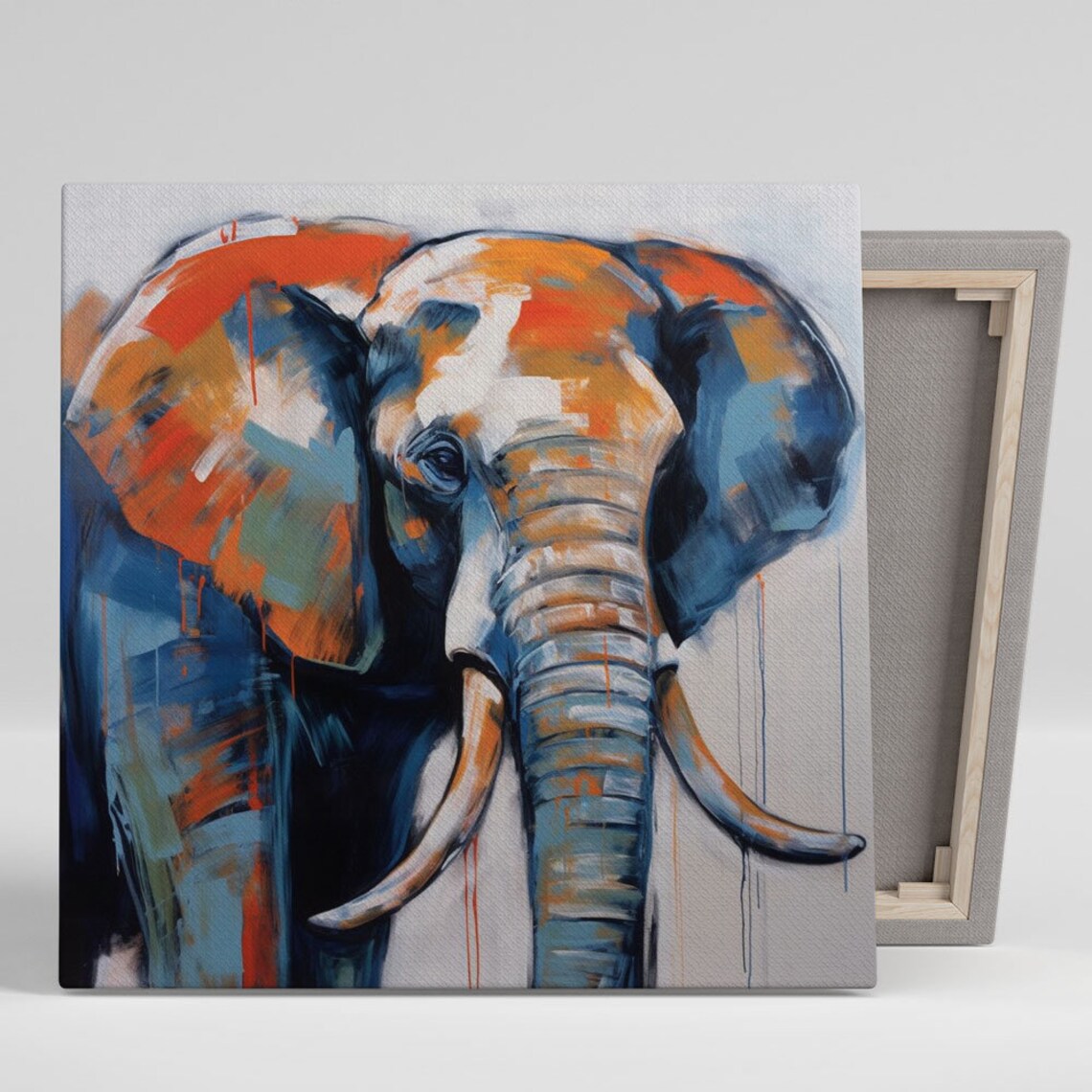 Elephant Head Orange Blue Abstract Brushstroke Modern Animal Wall Poster