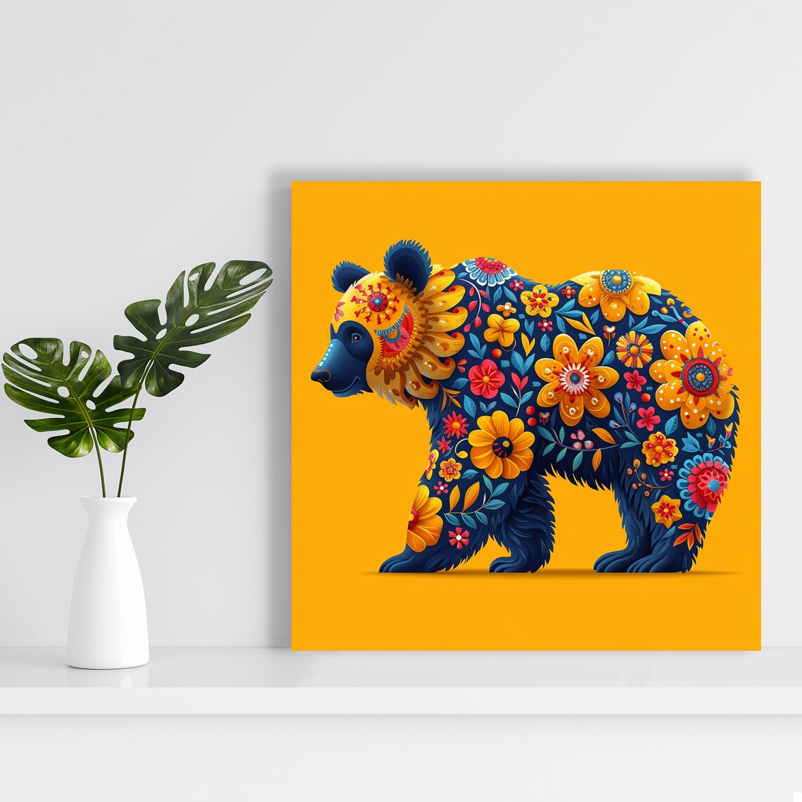 Floral Bear Fantasia Art Or Poster Whimsical Decor Living Room Childrens Room Bedroom Office Wall Art Blue Yellow Orange Red - Image 2