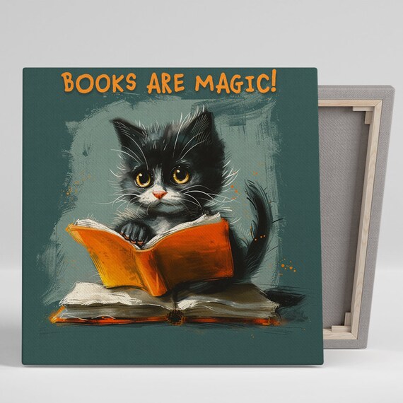 Books Are Magic Black Kitten Reading Orange Book Nursery Poster
