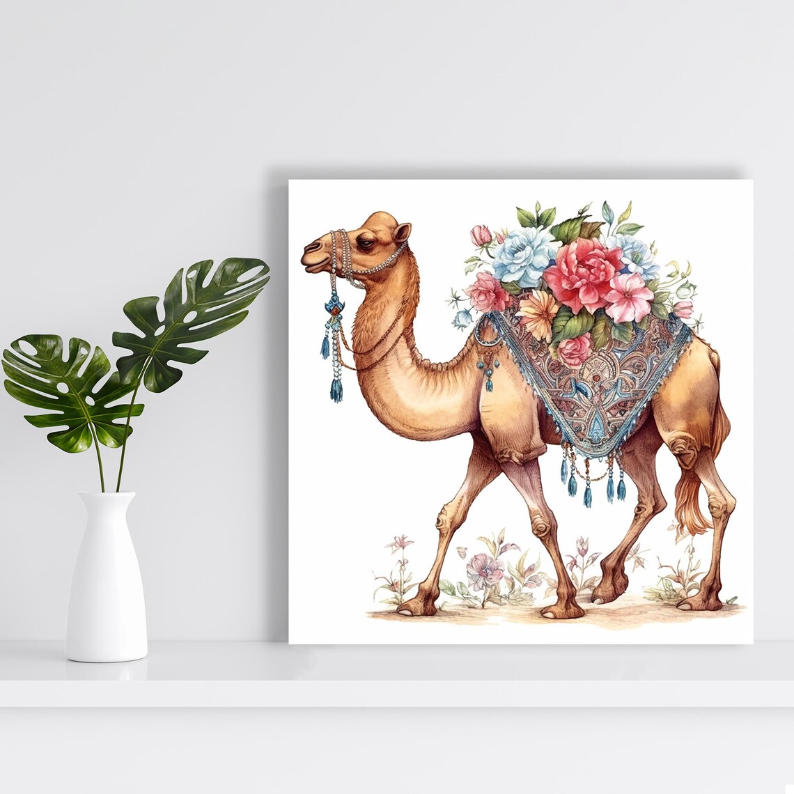 Bohemian Camel With Floral Blanket Desert Caravan Watercolor Poster - Image 2