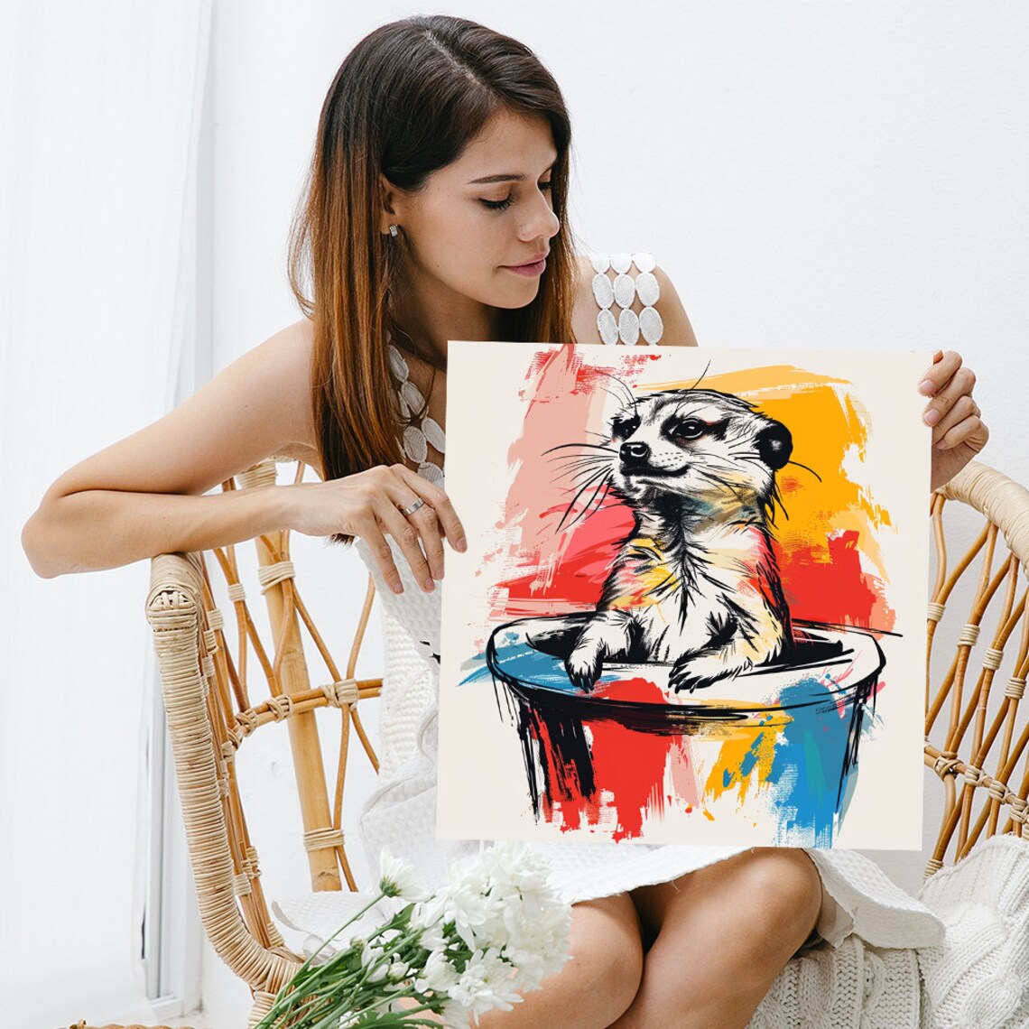 Curious Meerkat In Paint Bucket Colorful Sketch Animal Art Poster - Image 3