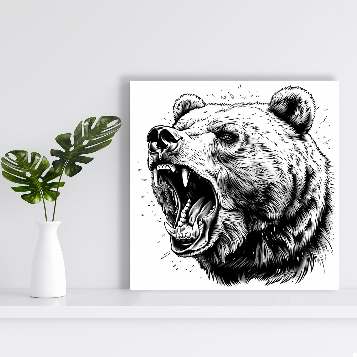 Roaring Bear Head Black White Sketch Intense Wildlife Art Poster - Image 2