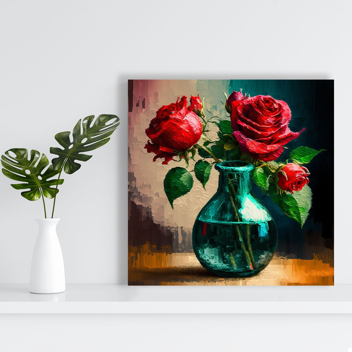 Red Roses Teal Glass Bud Vase Romantic Impressionist Flower Poster - Image 2