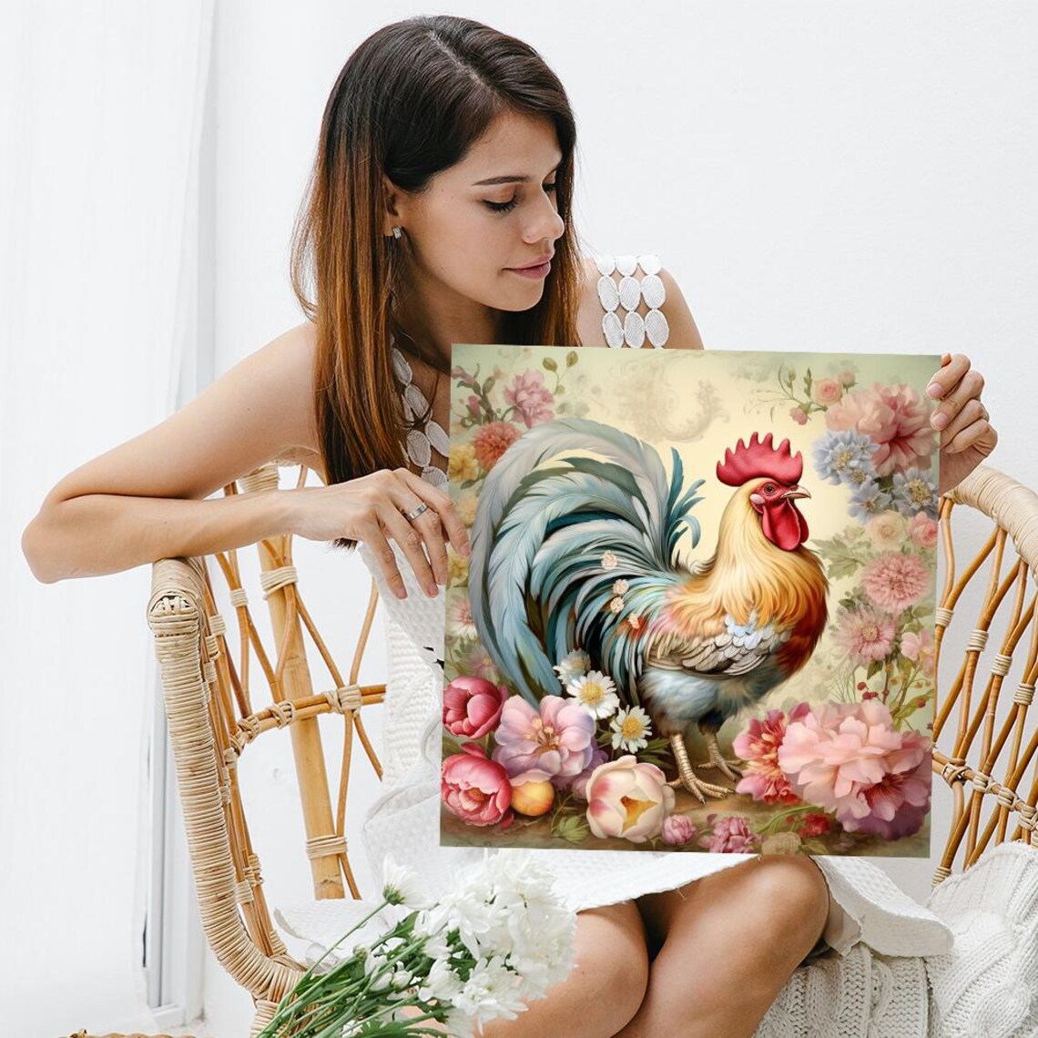 Floral Rooster Vintage French Country Art Print - Image 3