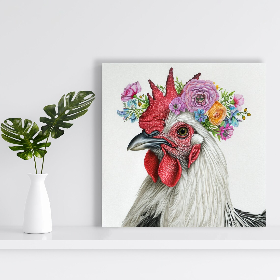 Floral Crown Rooster Farmhouse Kitchen Art Print - Image 2