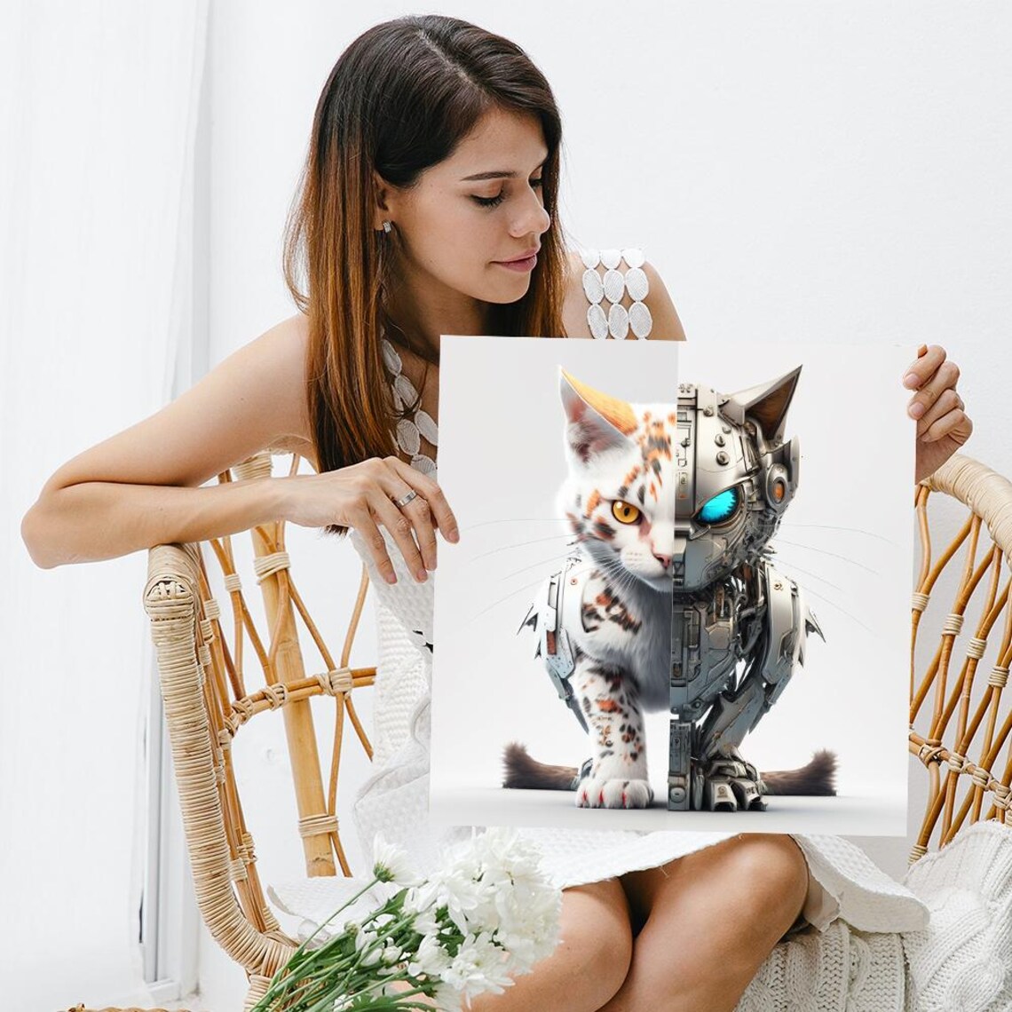 Cybernetic Half Cat Half Robot Portrait Split Sci Fi Pet Wall Art Poster - Image 3
