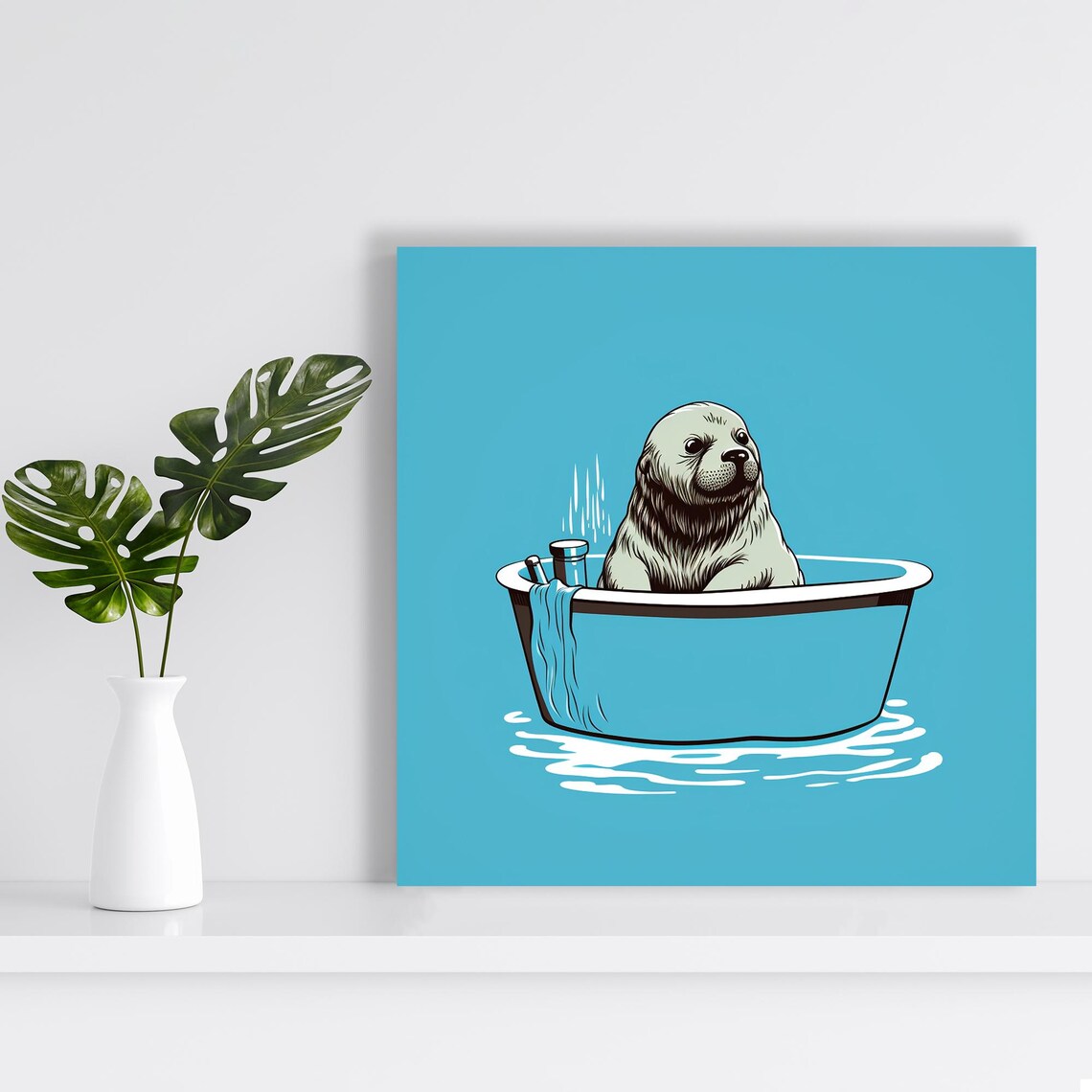 Seal Relaxing in Bathtub Whimsical Blue Vintage Animal Bathroom Poster - Image 2