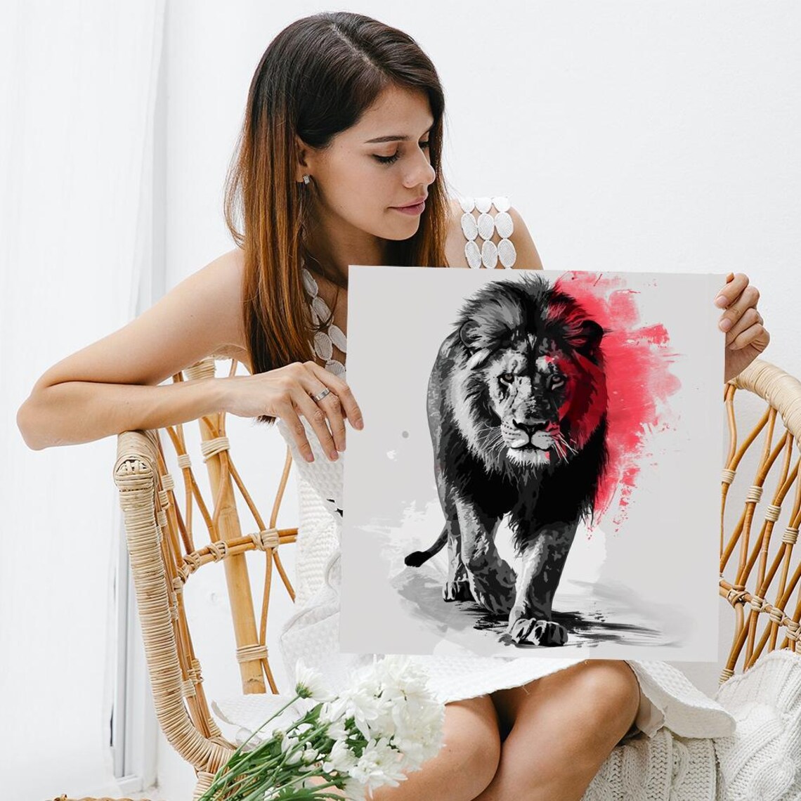 Lion Walking Forward Black White Red Splash Powerful Majestic Animal Wall Art Poster - Image 3