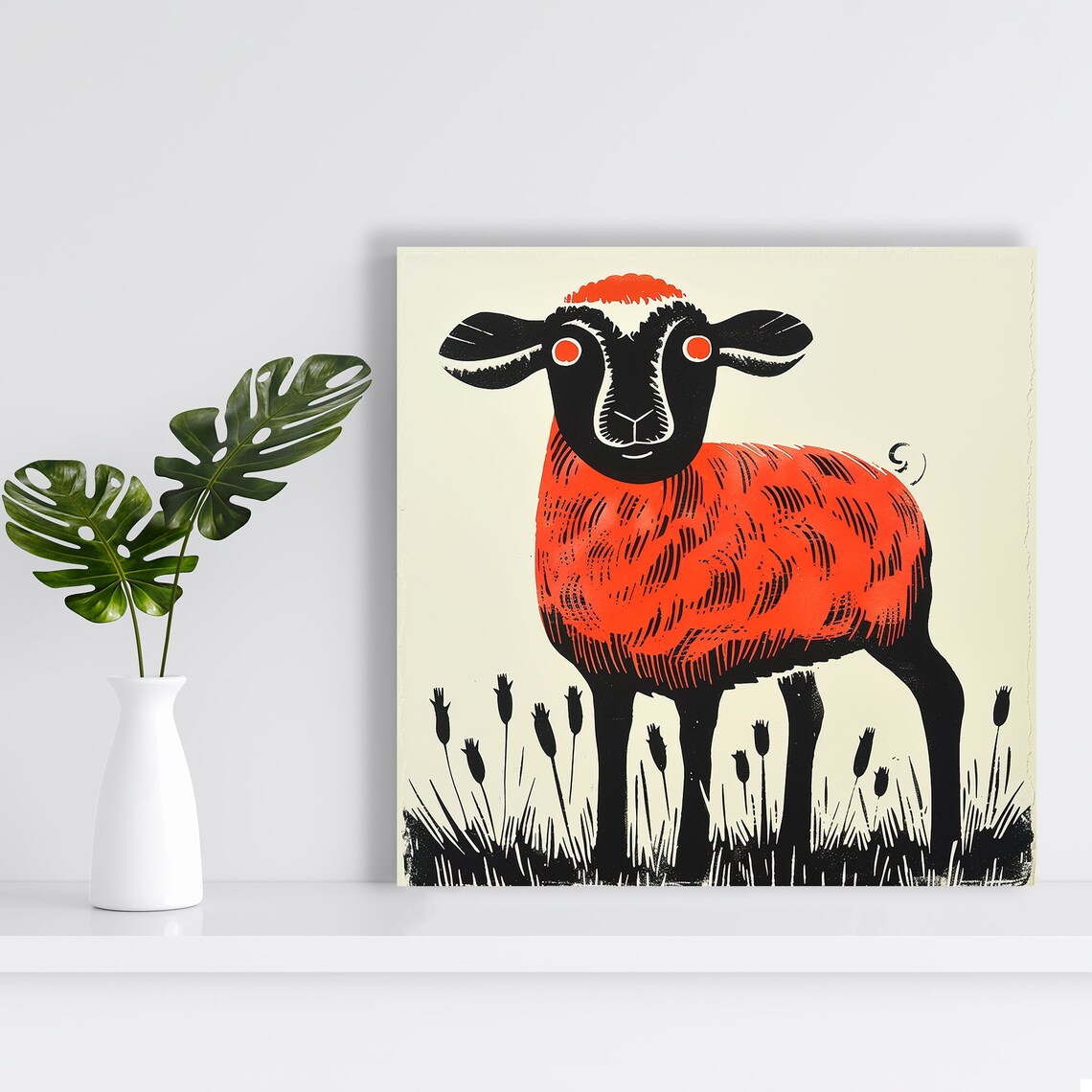 Red Sheep Retro Rustic Contemporary Art Print - Image 2