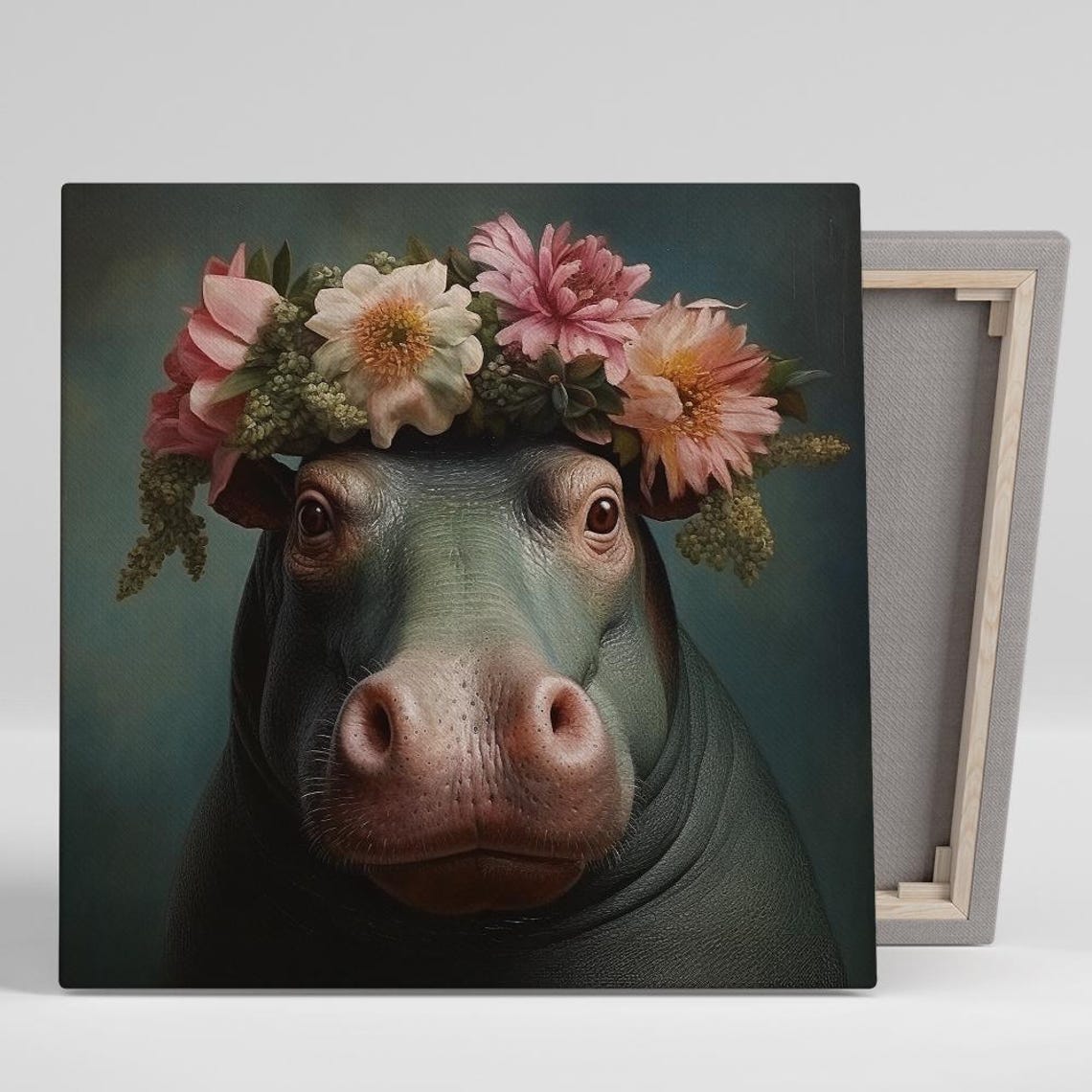 Cute Hippo Flower Crown Portrait Whimsical Nursery Wall Art Poster
