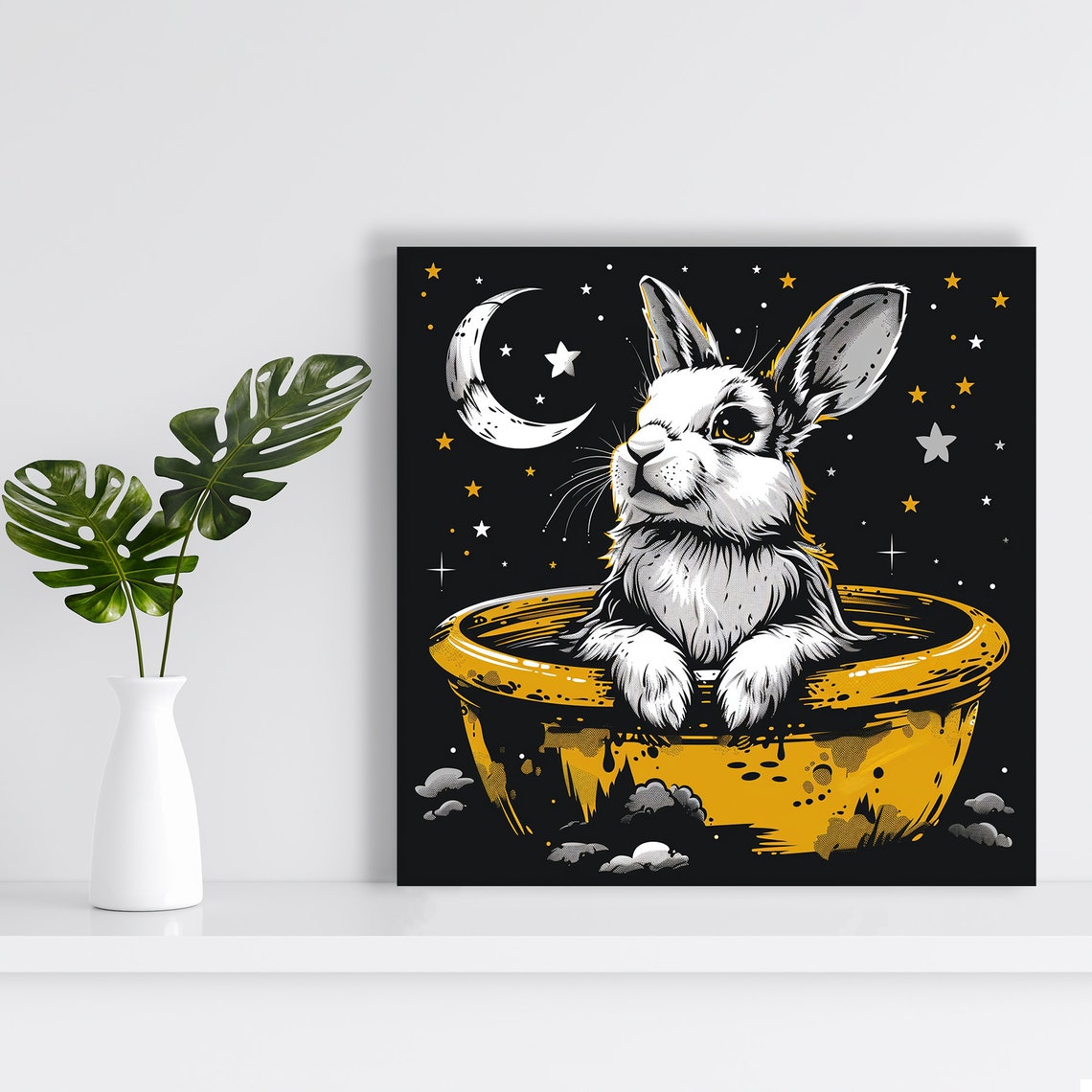 Cosmic Rabbit Golden Bowl Starry Night Dream Nursery Wall Art - Image 2