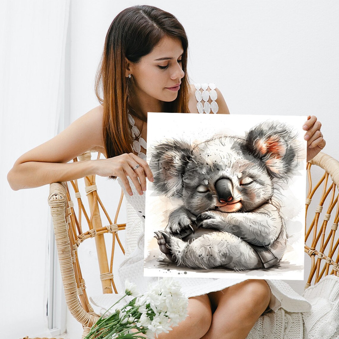 Sleeping Baby Koala Curled Up Soft Watercolor Nursery Wall Art - Image 3