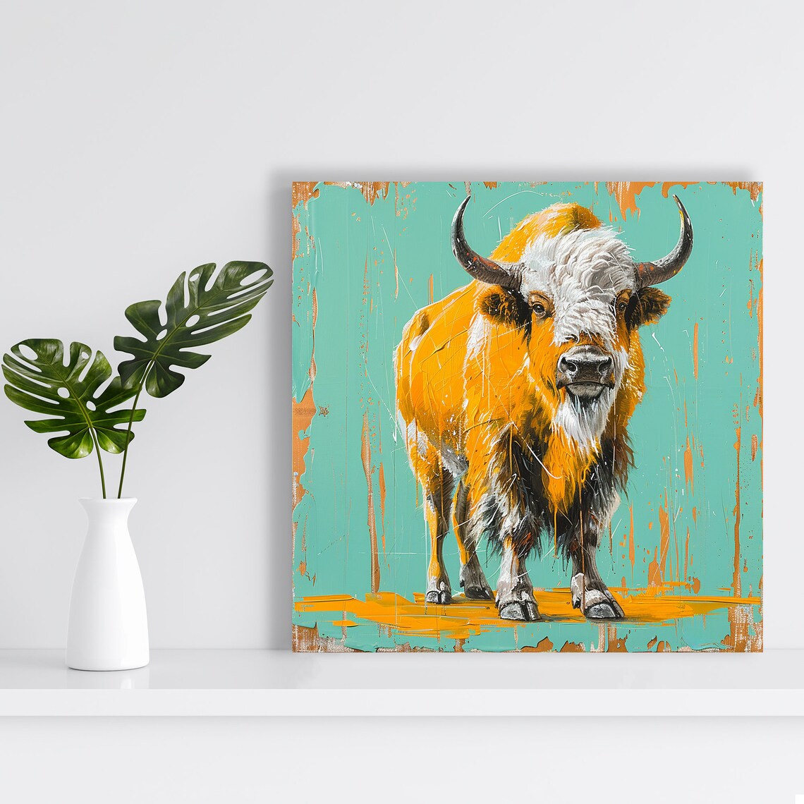 Orange Highland Cow With Horns Turquoise Rustic Animal Art Poster - Image 2