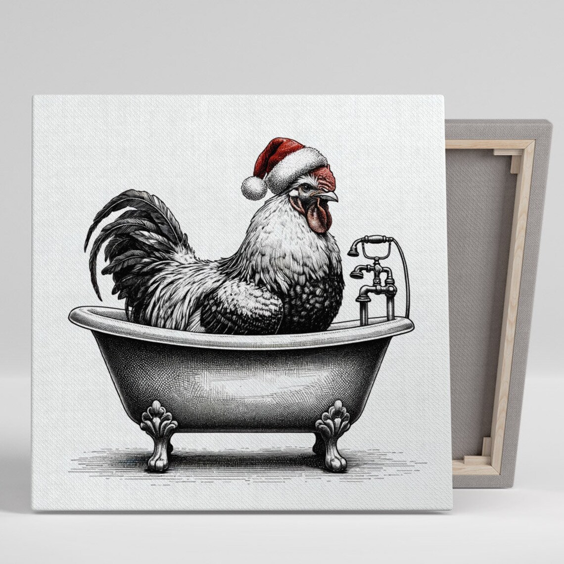 Christmas Rooster In Santa Hat Vintage Bathtub Engraving Art Poster