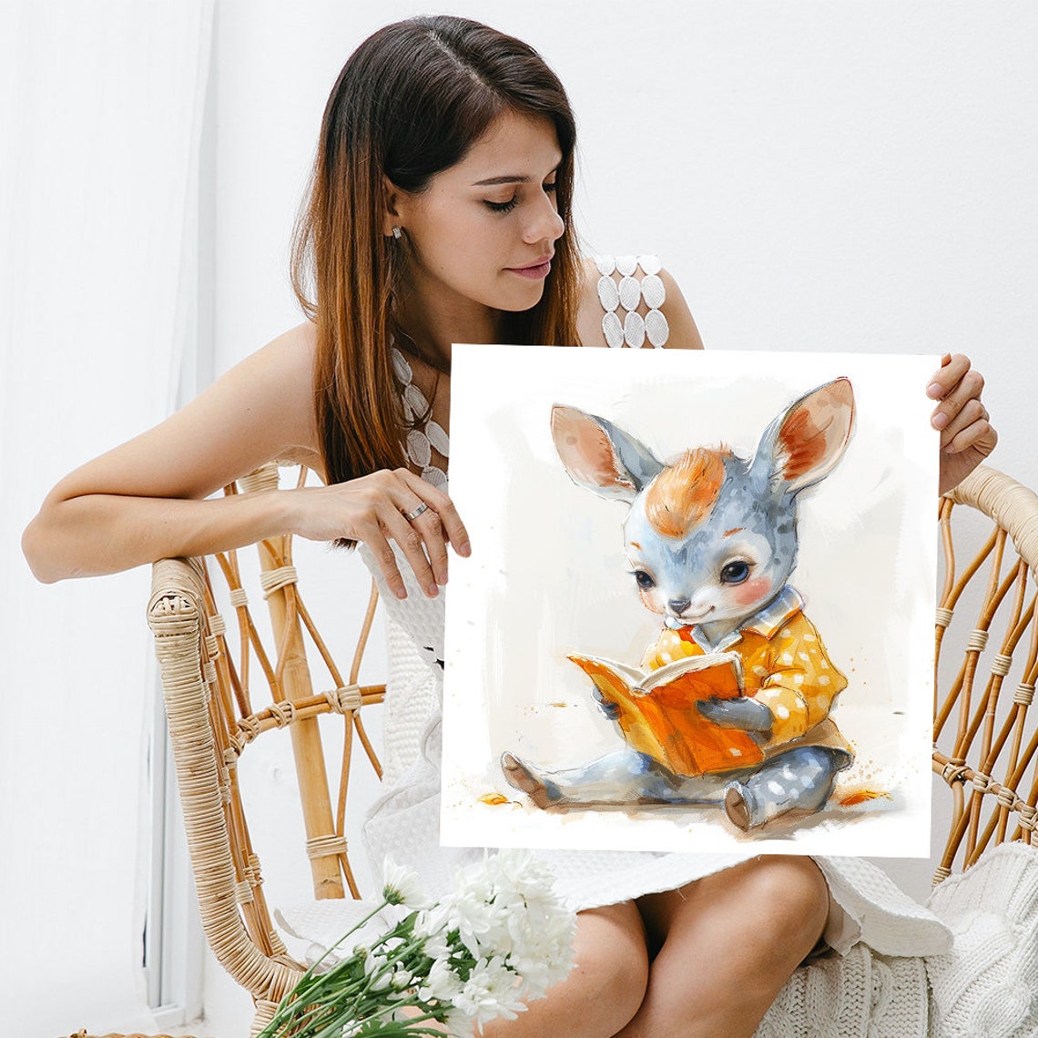Bunny Reading Bedtime Book Soft Watercolor Nursery Wall Poster - Image 3
