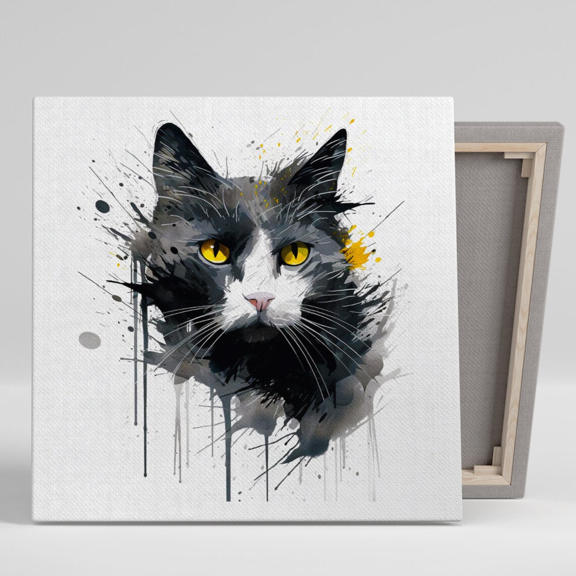 Intense Cat Yellow Eyes Black Grey Watercolor Splatter Dramatic Wall Art