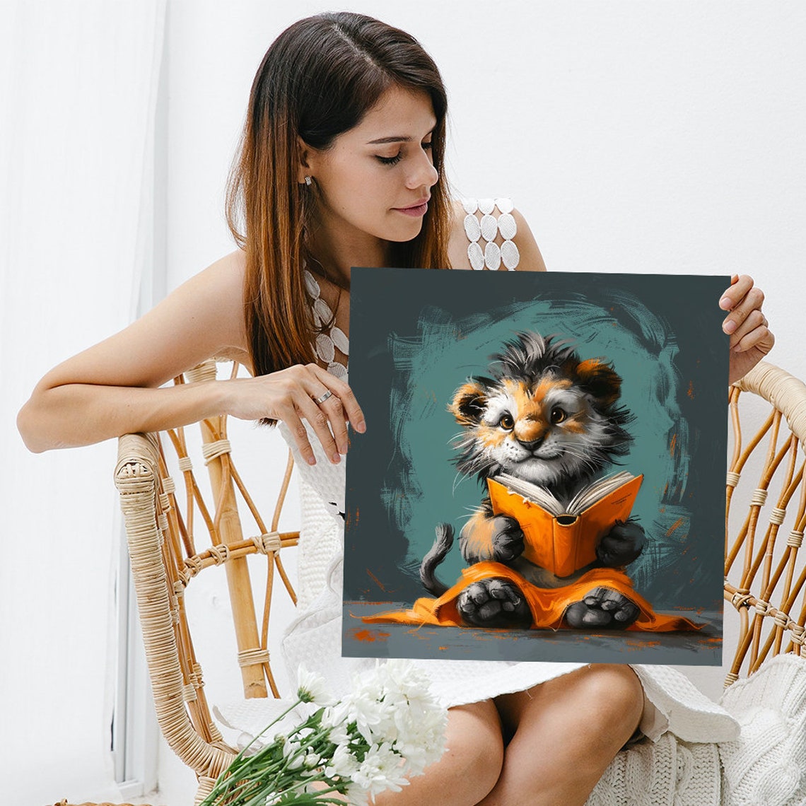 Kitten Reading Book Poster Cozy Orange Library Whimsical Cat Decor - Image 3