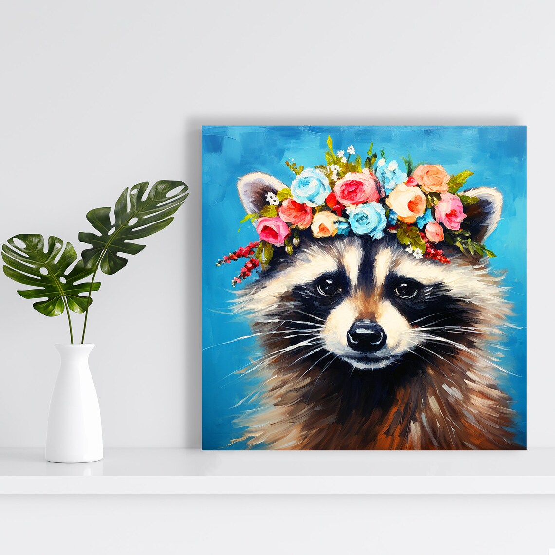 Raccoon Floral Crown Poster Bright Blue Painterly Bohemian Animal Wall Art - Image 2