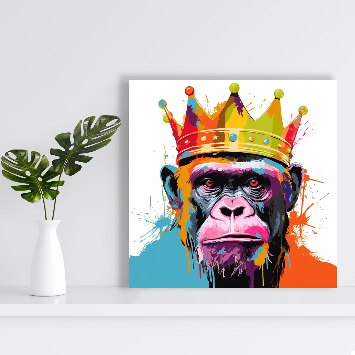 Regal Chimpanzee With Colorful Splash Crown Pop Art Portrait Poster - Image 2