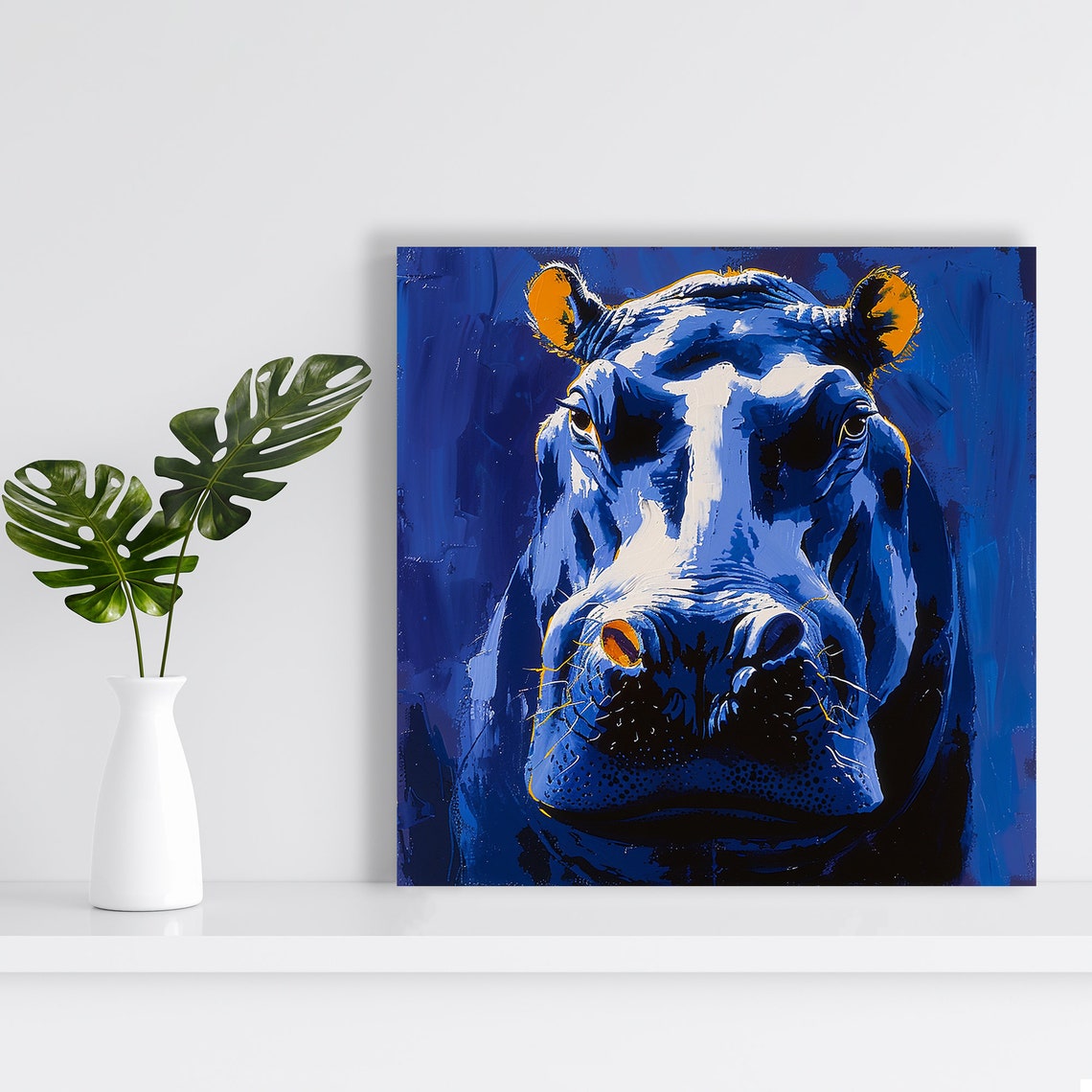 Electric Blue Hippo Gaze Impasto Portrait Bold Art Wall Poster - Image 2