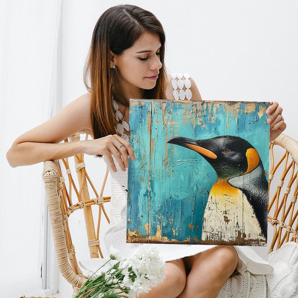 King Penguin Rustic Blue Wood Regal Coastal Bird Portrait Art Poster - Image 3