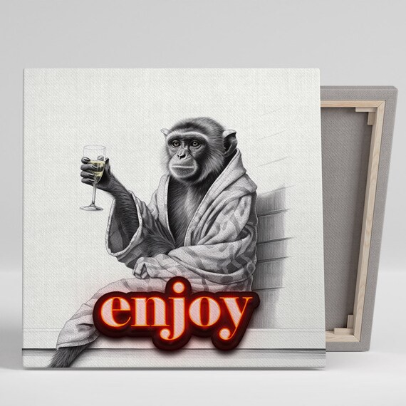 Monkey In Bathrobe Holding Wine Glass With Neon Enjoy Sign Funny Art Poster
