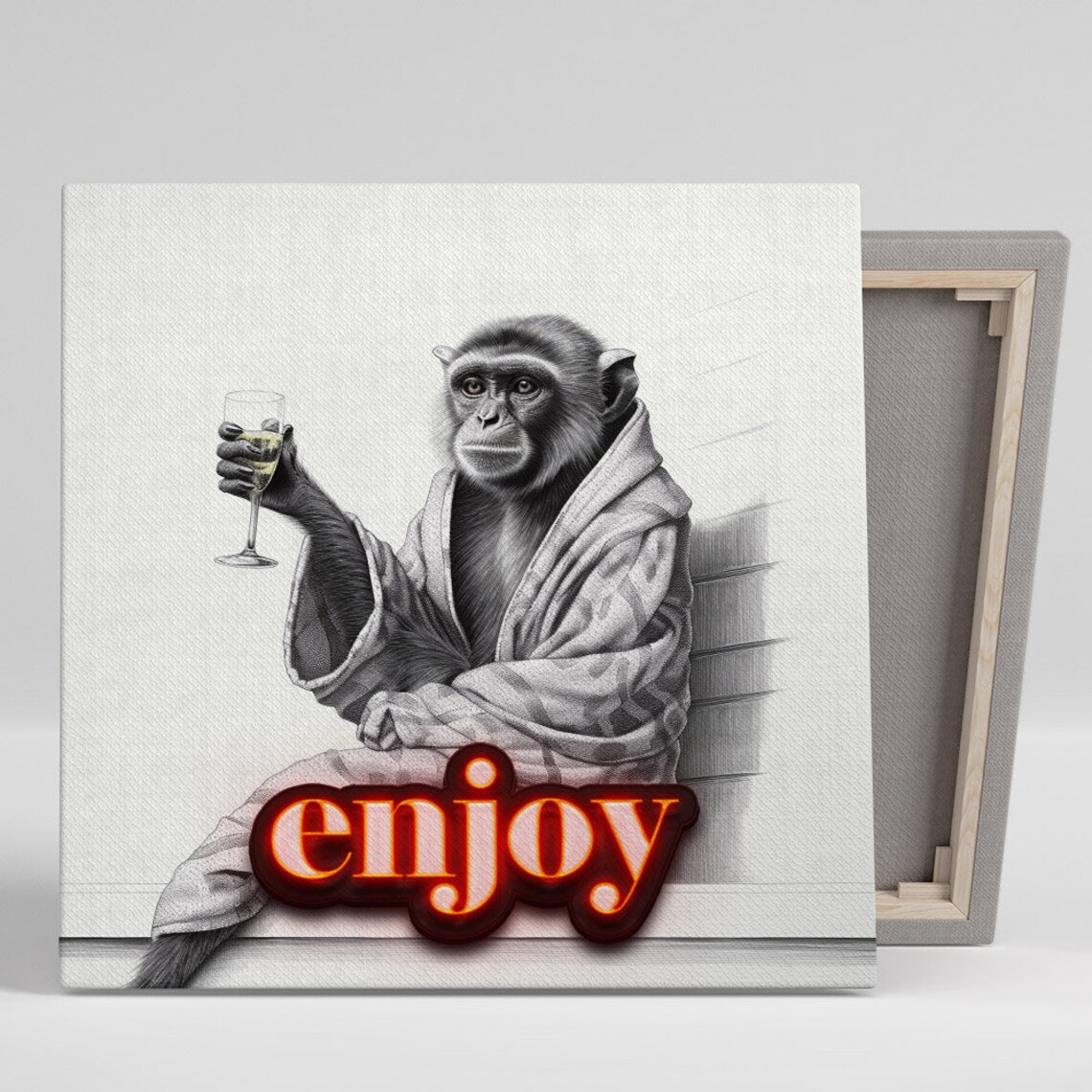 Monkey In Bathrobe Holding Wine Glass With Neon Enjoy Sign Funny Art Poster