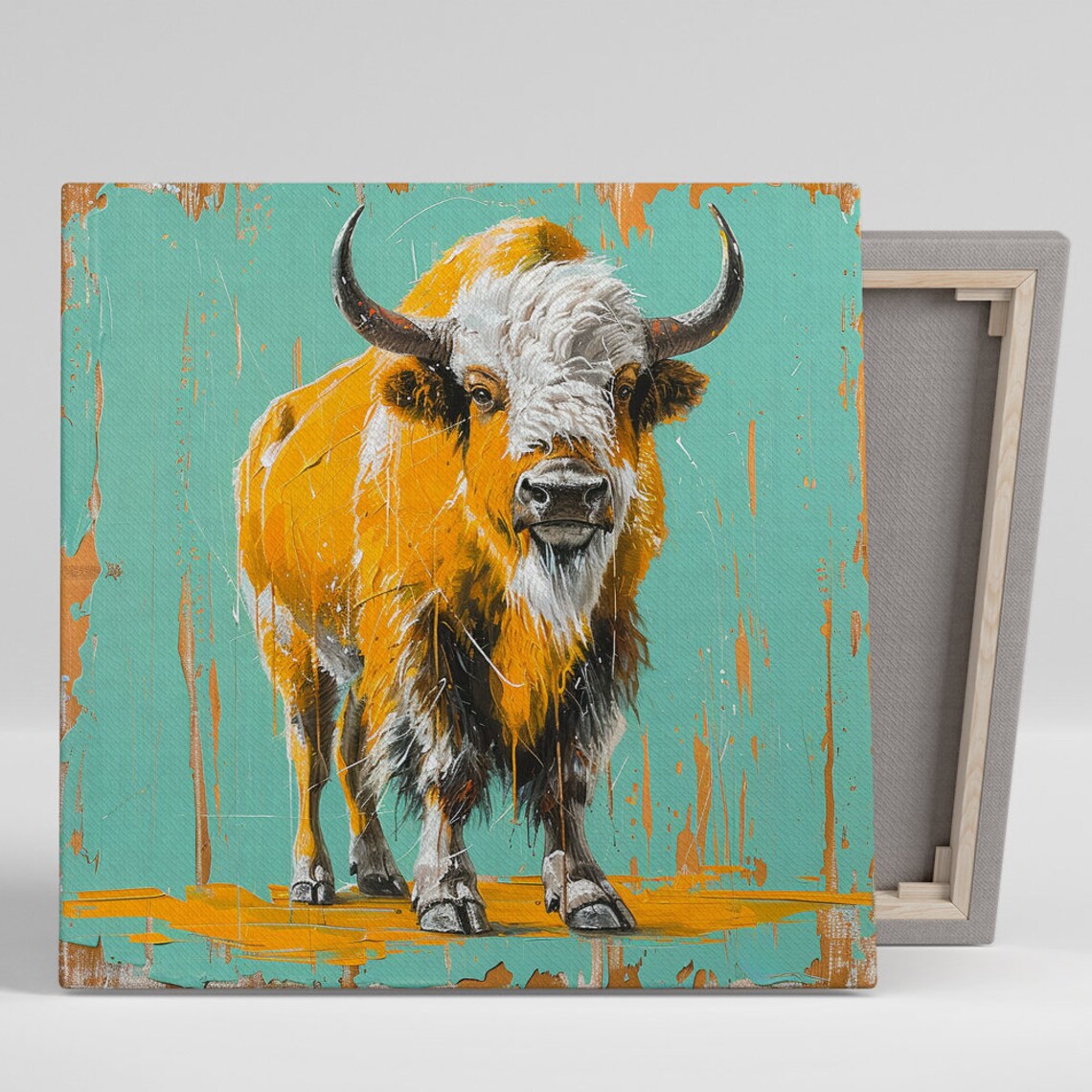 Orange Highland Cow With Horns Turquoise Rustic Animal Art Poster