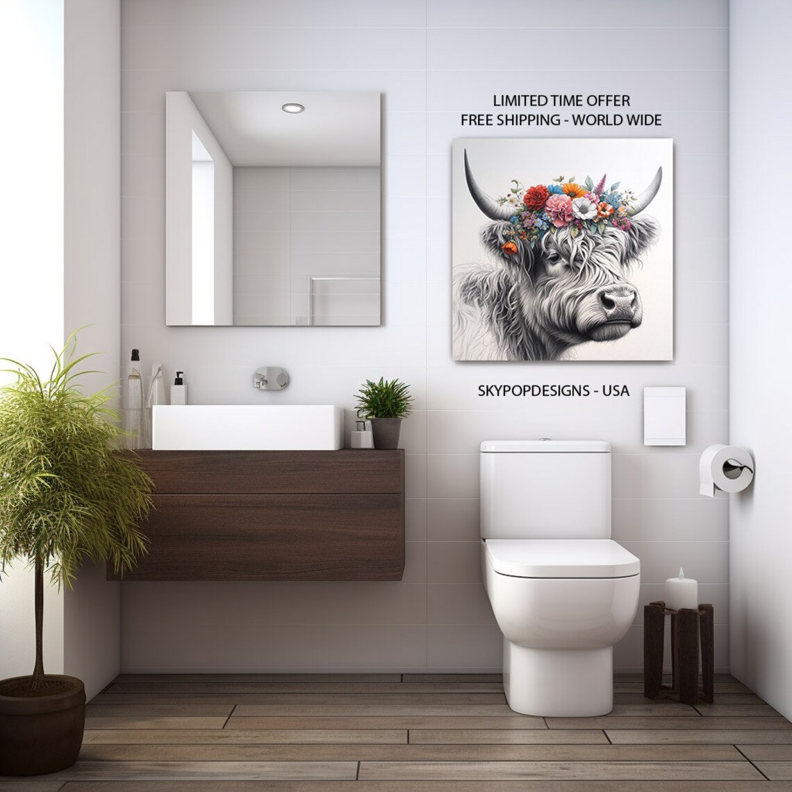 Floral Highland Cow Art Print, Bathroom Decor - Image 2