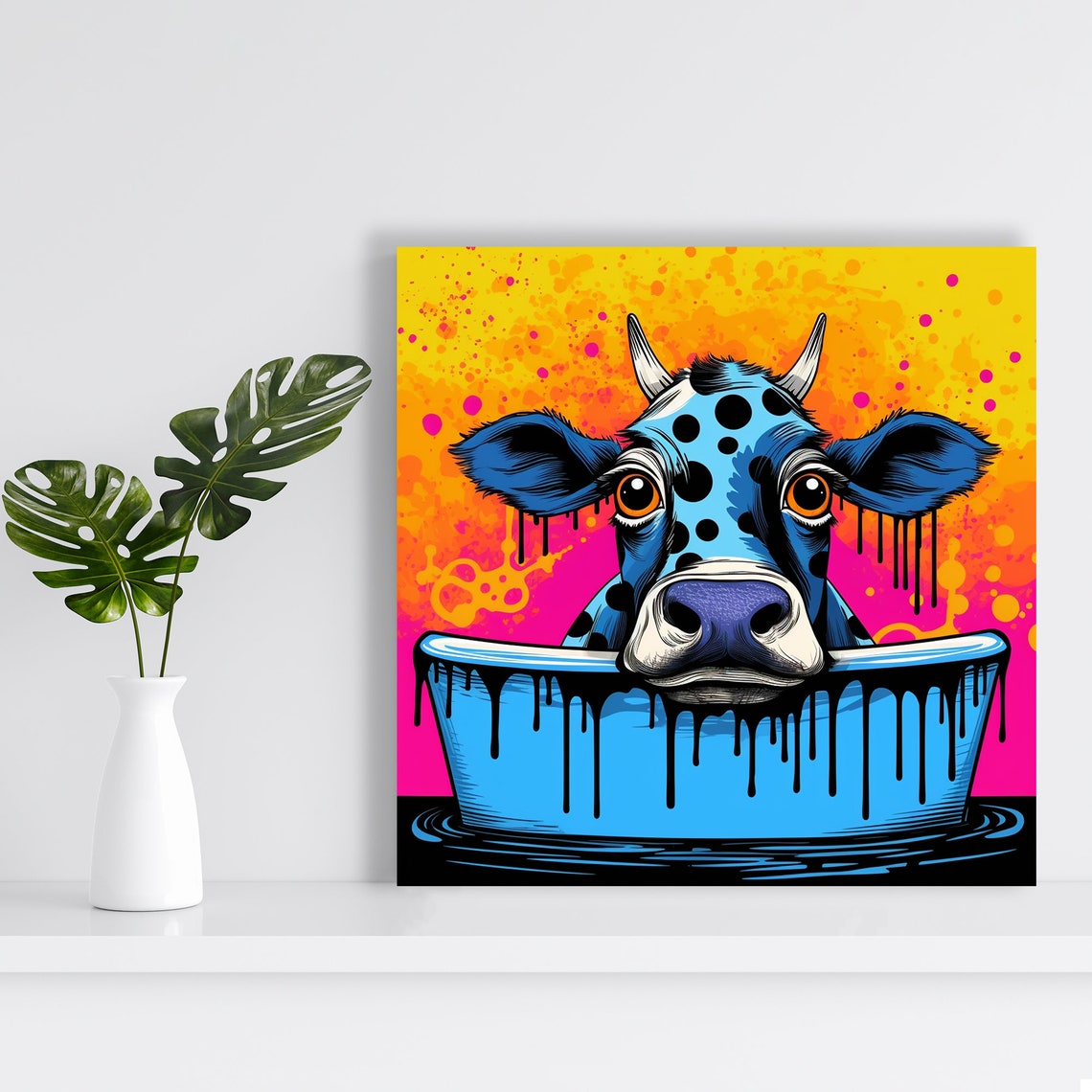 Psychedelic Blue Cow Bubble Bath Pop Art Pink Orange Splash Poster - Image 2