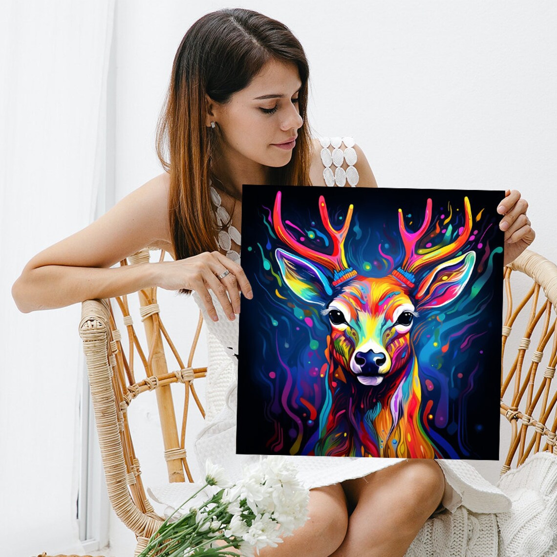 Psychedelic Neon Deer Head Portrait Dark Background Rainbow Animal Art Print - Image 3